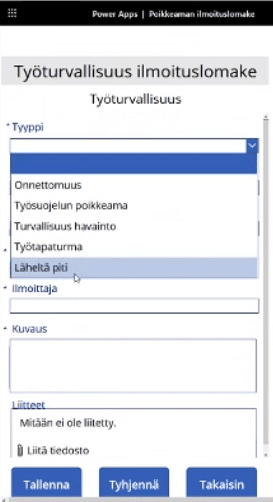 Työturvallisuuspoikkeamien ilmoituslomake Power Appsilla poikkeamatyypit