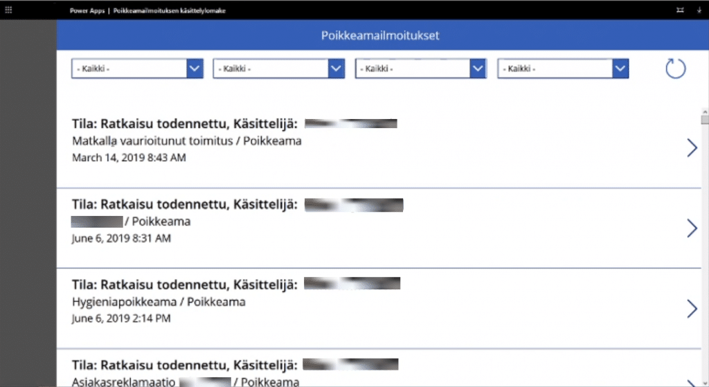 PowerAppsilla toteutettupoikkeamien käsittelijän näkymä