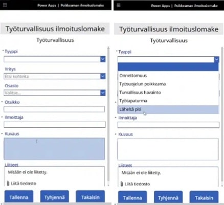 Työturvallisuuspoikkeamien ilmoituslomake on rakennettu yksinkertaiseksi Power Appsin avulla, jotta työntekijöiden olisi helppo käyttää sitä.
