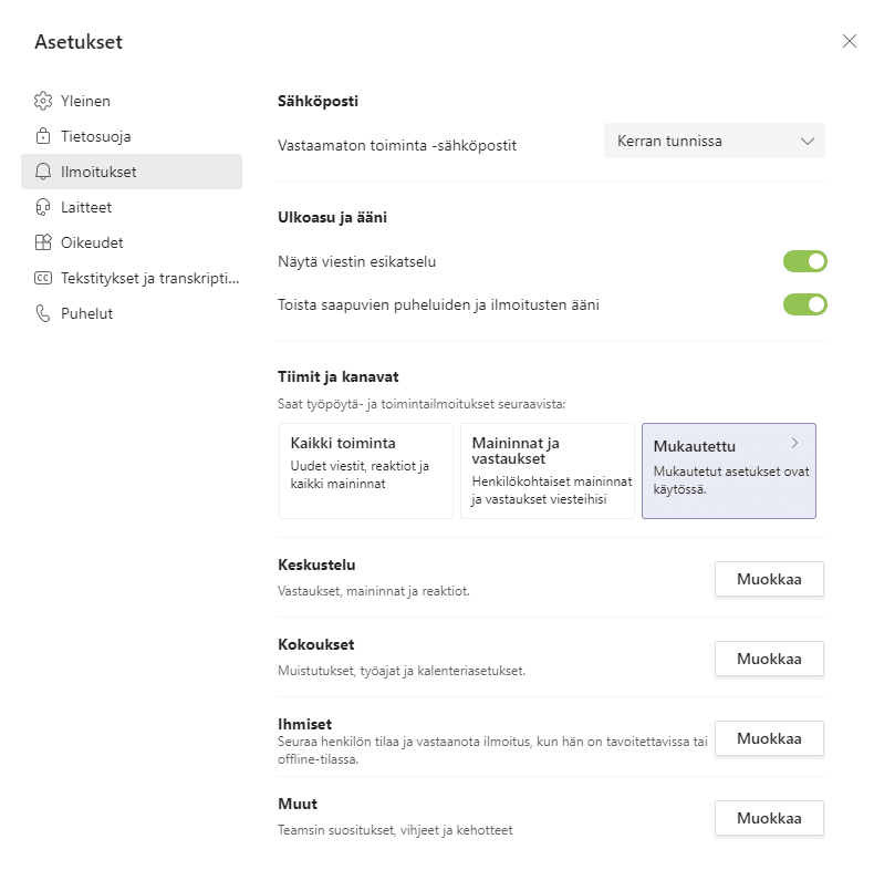 Teamsin asetukset-valikossa valittuna ilmoitukset.