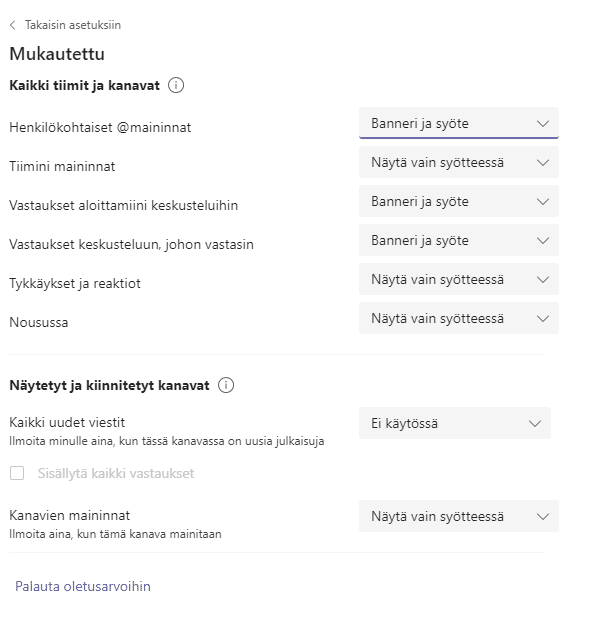 Tiimien ja kanavien asetusten mukauttamisvaihtoehdot.