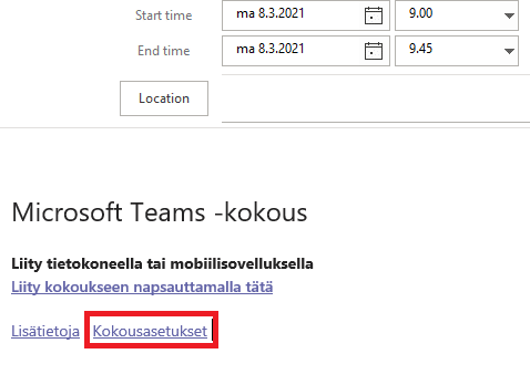 ’Liity Microsoft Teams -kokoukseen’ -kokouslinkin alapuolella näkyvillä lisätietoja sekä kokousasetukset.