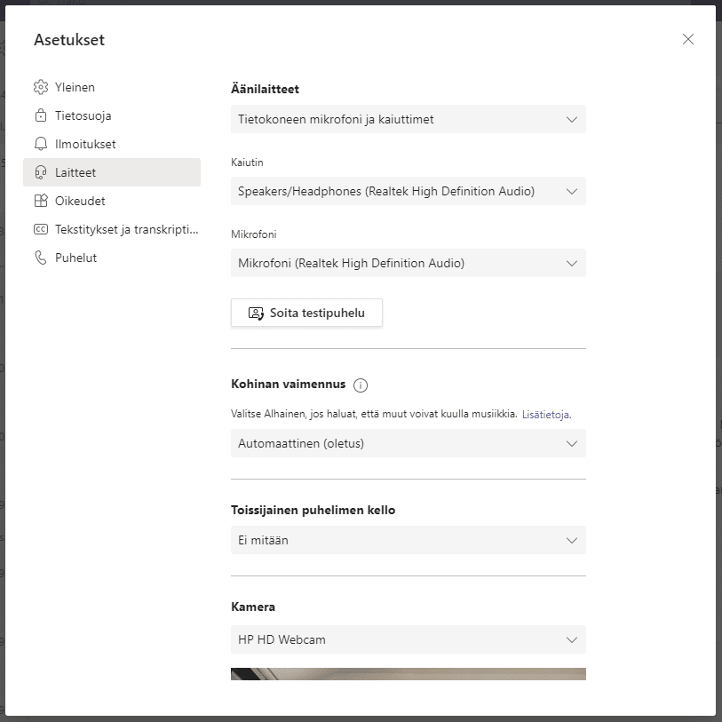 Testipuhelun soittaminen Teams-asetuksissa.