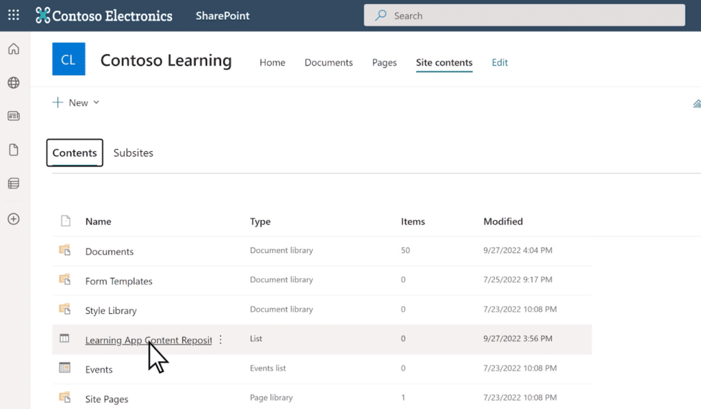 Go to the Site Content section of the SharePoint site and click on Learning App Repository.