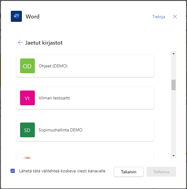 Klikkaamalla Teams-kanavan välilehden +-kuvaketta voit valita vaihtoehdoista Word, PowerPoint ja Excel.