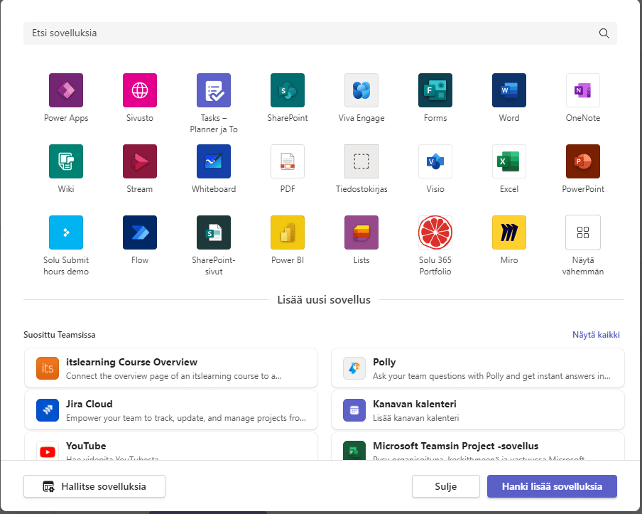 Voit myös lisätä erillisen SharePoint-sivun Teamsiin välilehdelle valitsemalla SharePoint.