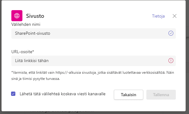 Voit valita lähetetäänkö Teams-kanavalle ilmoitus lisätystä välilehdestä.