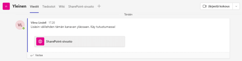 Kun osoite on syötetty, välilehti lisätään Teams-kanavaan.