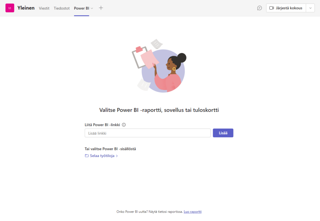 Valitse haluamasi Power BI -työtila tai -sovellus Teamsiin uuteen ikkunaan avautuvista vaihtoehdoista.