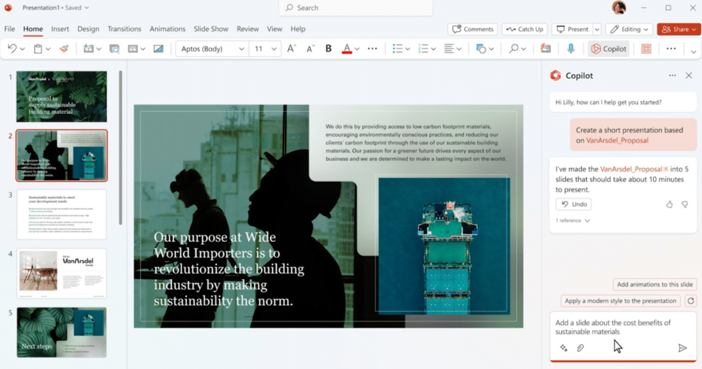 Copilotin käyttö Microsoft PowerPointissa tehostaa työskentelyä esitysten luonnissa, visuaalisessa suunnittelussa ja sisällön rikastamisessa.