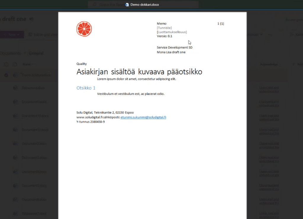 Dokumenttimallin asiakirjan sisältö