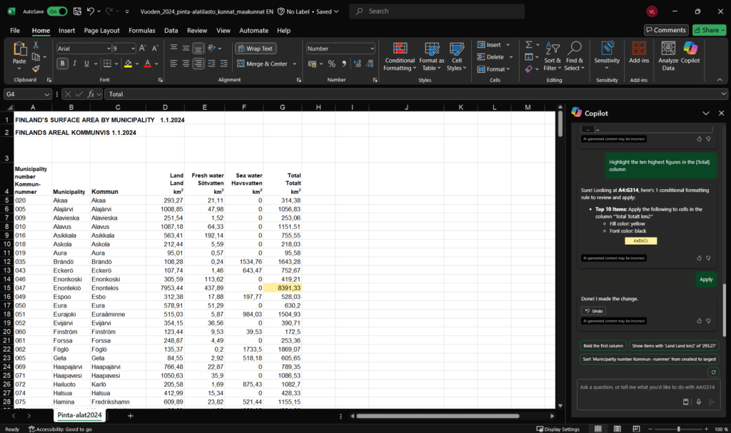 Conditional formatting with Copilot in Excel