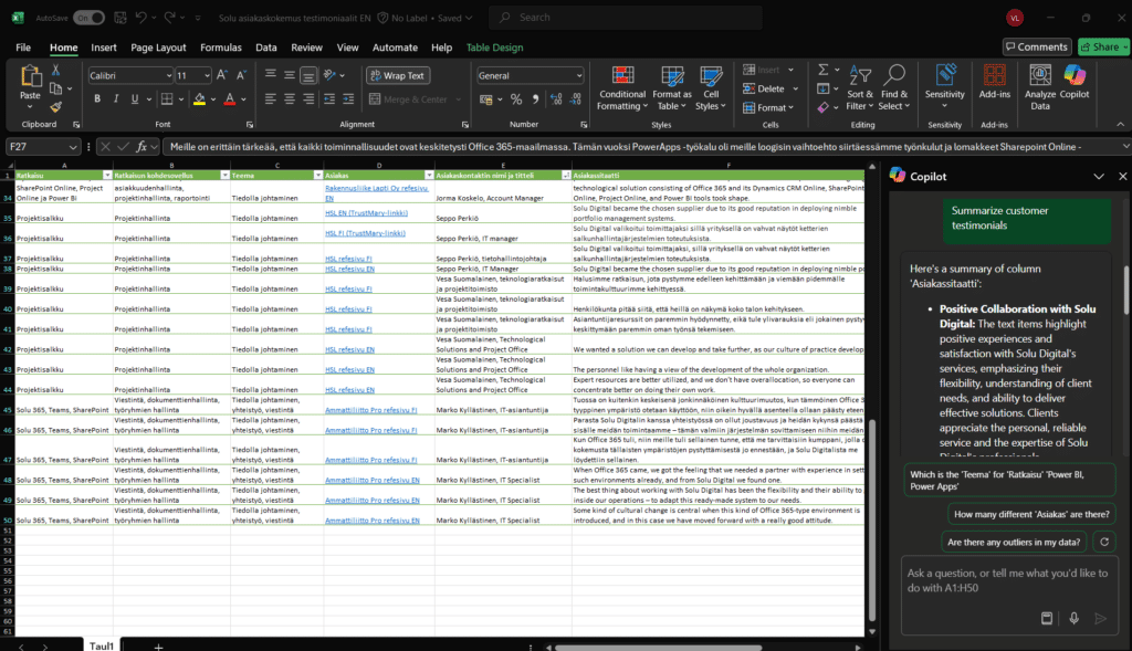 Analysis of text columns with Copilot in Excel