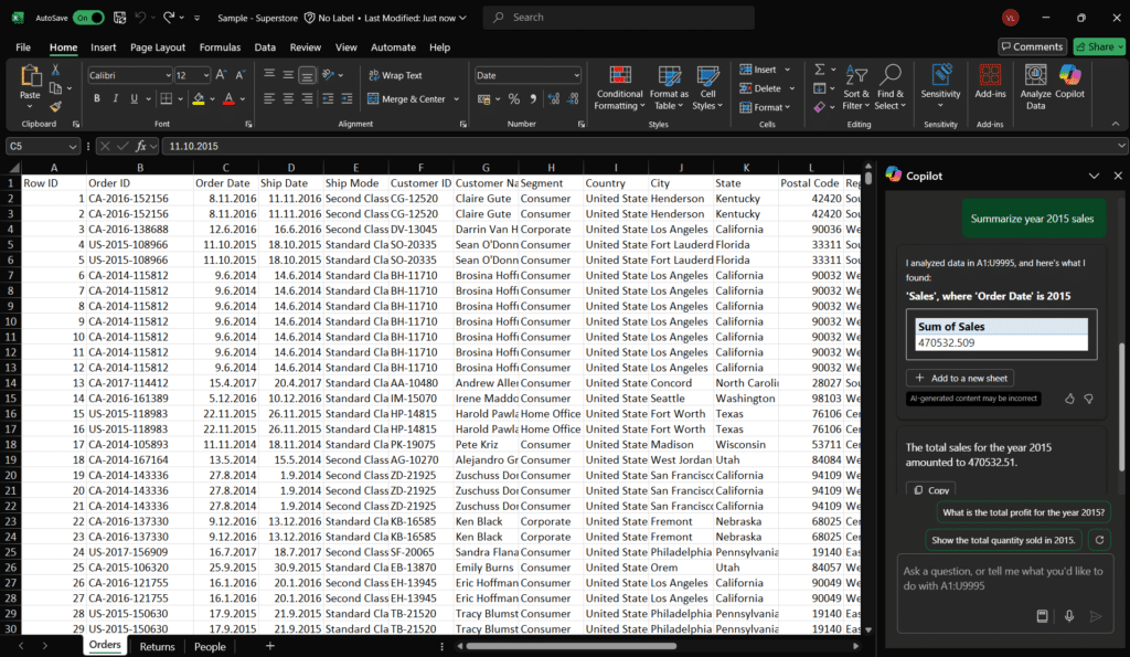 Queries and time period analysis with Copilot in Excel