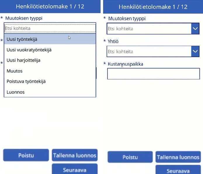 Power Apps -lomakkeen tiedot tallentuvat SharePointiin ja Power Automate lähettää hankintapyynnöt vastuuhenkilöille.
