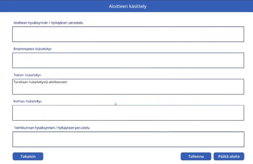 Aloitteen käsittelijän näkymä Power Apps -sovelluksessa