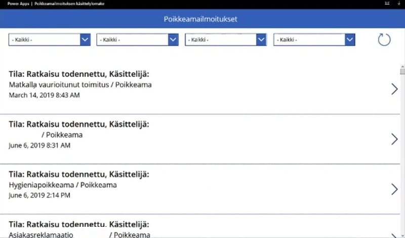 Poikkeameilmoitusten käsittelynäkymä Power Apps -sovelluksessa