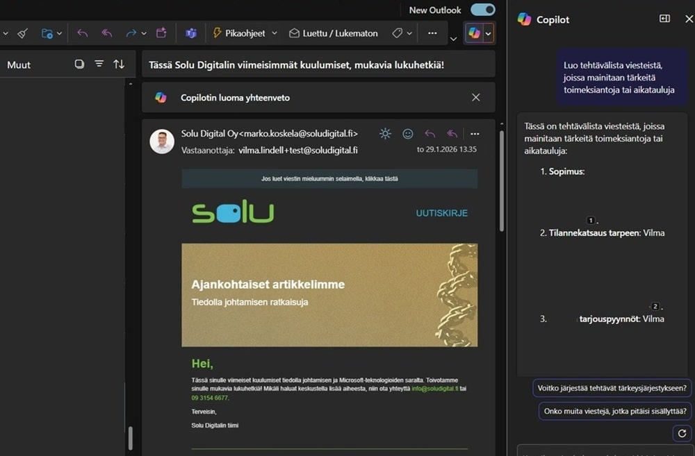 Copilot auttaa seuraamaan ja priorisoimaan tehtäviä Outlookissa