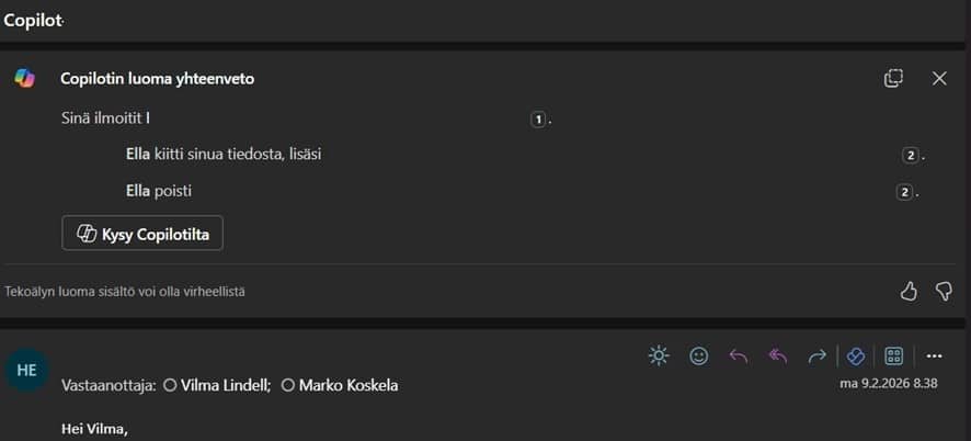 Copilotin yhteenvetotoiminto on erityisen kätevä tilanteissa, joissa sähköposteja tulee runsaasti tai viestiketju on pitkä.