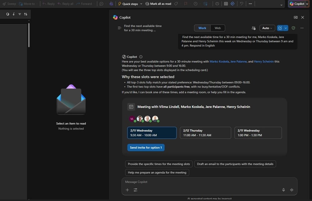 Copilot allows you to automatically send meeting requests.