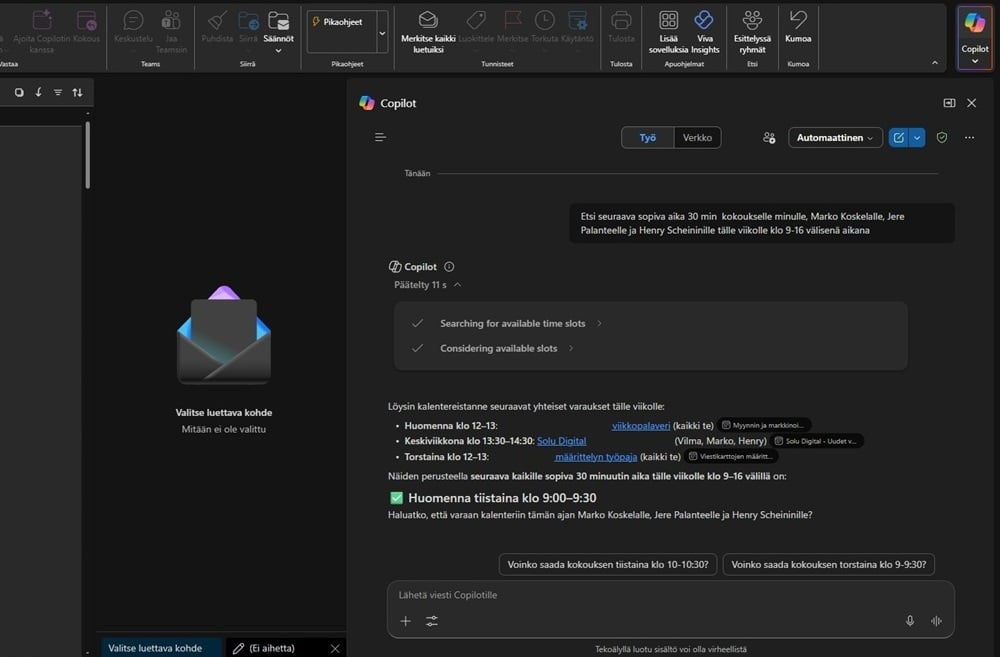 Copilotin avulla voit automaattisesti lähettää kokouskutsuja.
