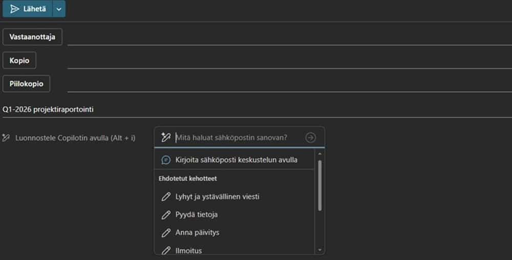 Copilot tarkistaa sähköpostiviestien kieliasun ja antaa parannusehdotuksia viestin tyyliin Outlookissa.
